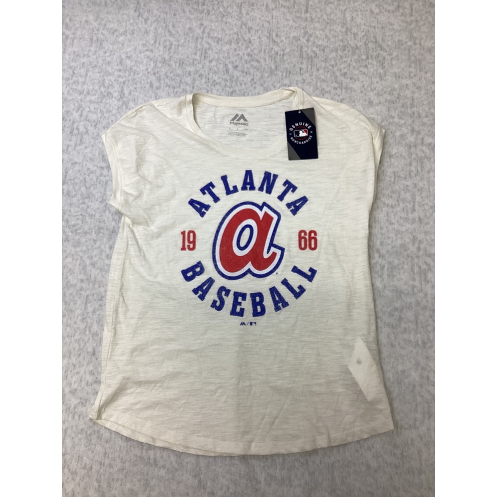 Majestic Atlanta Braves Baseball Graphic Tee Antique White Slub Knit Small NWT